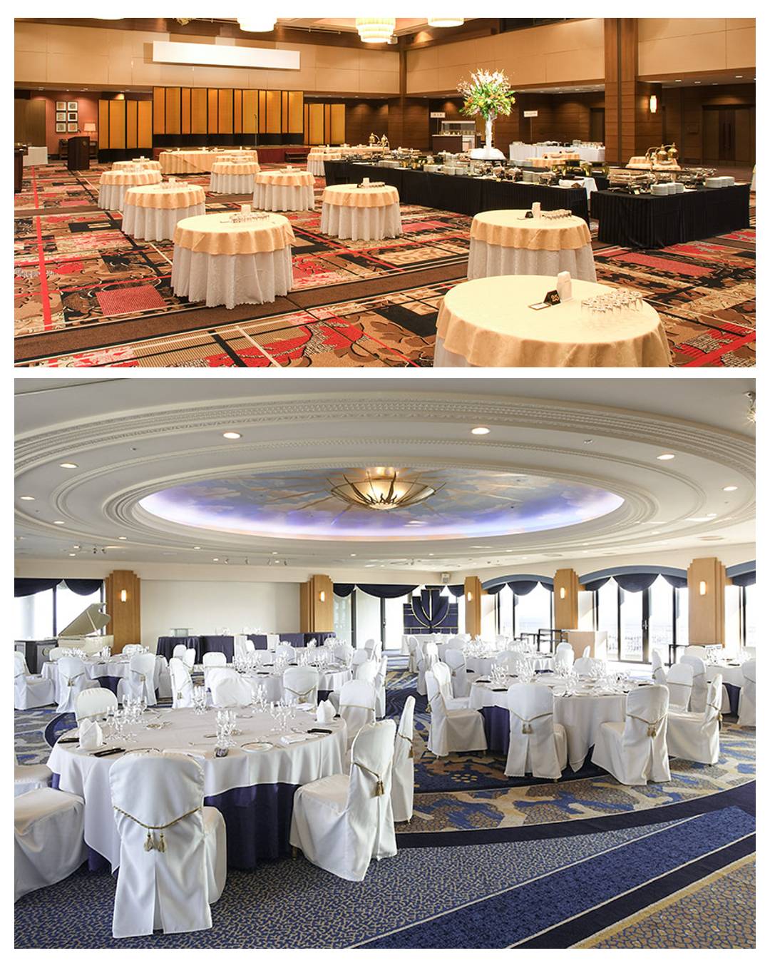 at top a warmly colored room with buffet tables and 
        small standing tables, and at bottom a banquet room with white-cloth-draped tables and chairs