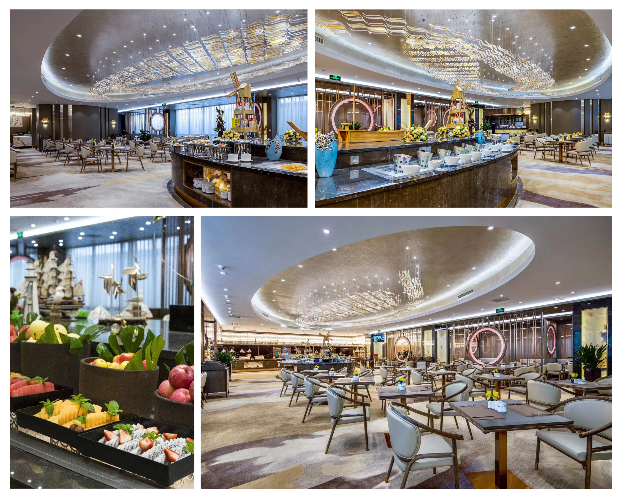 Views of the interior of the dining room at the Continental Café, with a circular cut-out ceiling and golden wave-like lighting