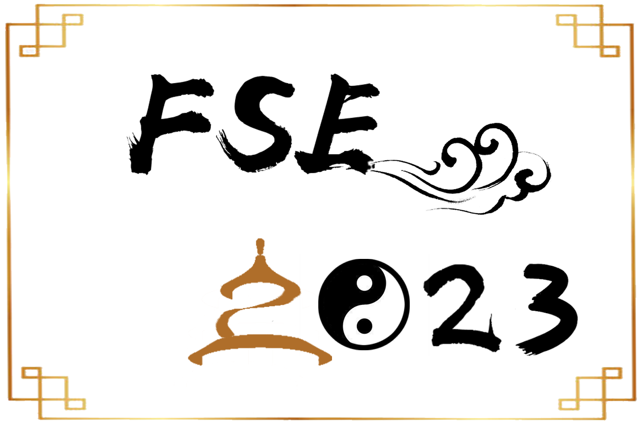 FSE 2023 logo Chinese calligraphy style writing, an orange-gold geometric border, and a yin-yang symbol for the 0 in 2023